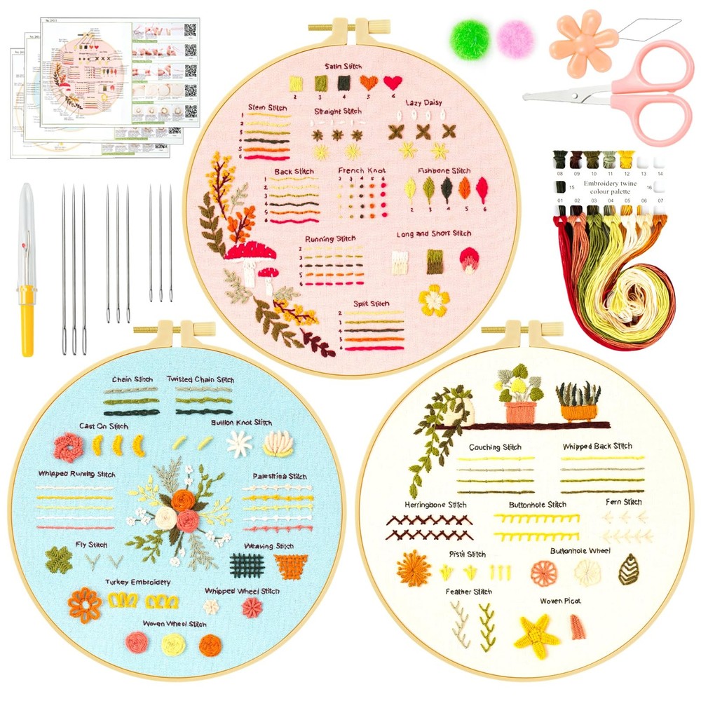 Ponpon 3 Sets Embroidery Kit for Beginners, 2 cm, multicolor