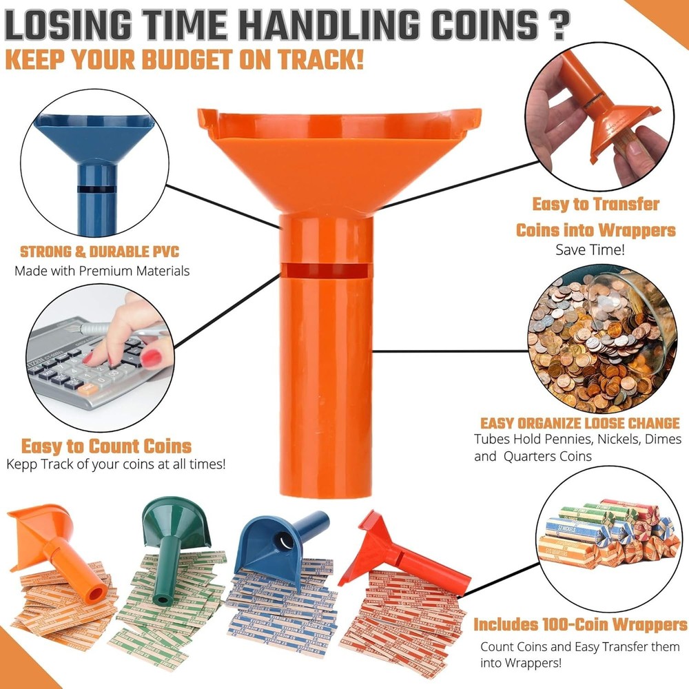 Durable Coin Sorting Tubes with 100 Kraft Paper Coin Wrappers - Compact Solution