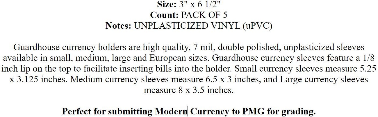 5 GUARDHOUSE SMALL CURRENCY HOLDERS 3 1/8" x 5 1/4" UNPLASTICIZED 7 mil SLEEVES