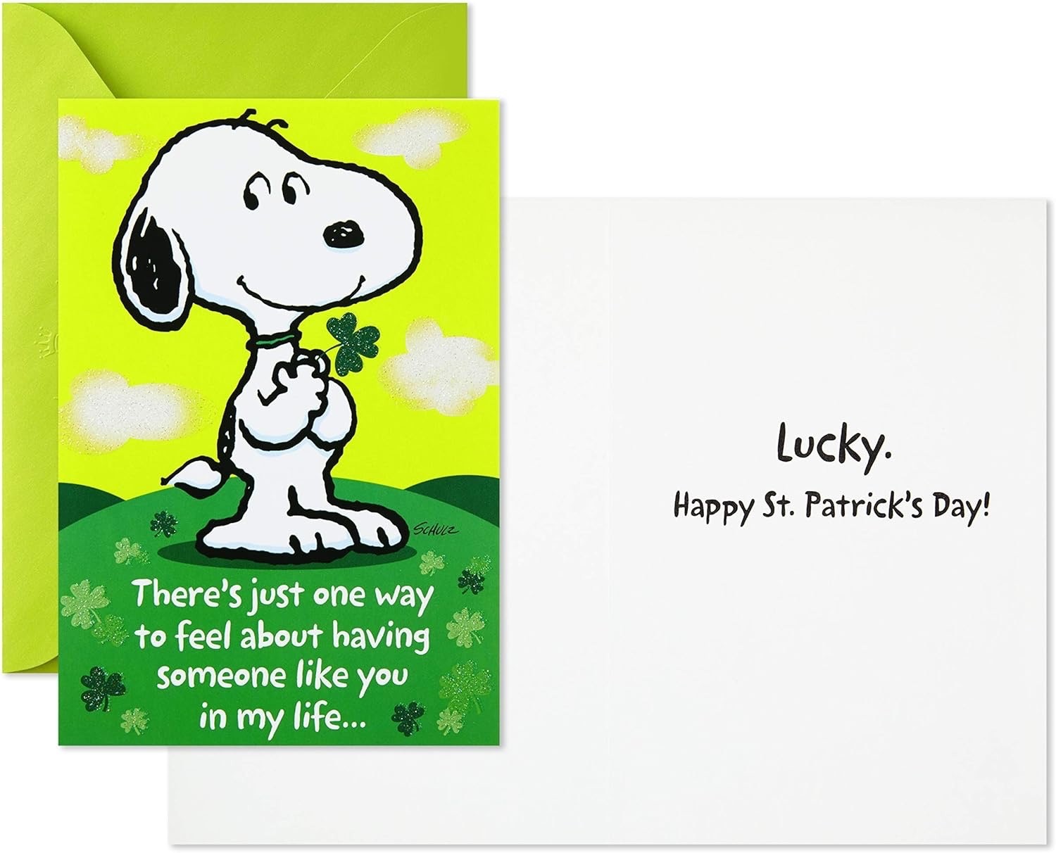 Hallmark Snoopy holding a four-leaf clover St Patrick's Day with envelope