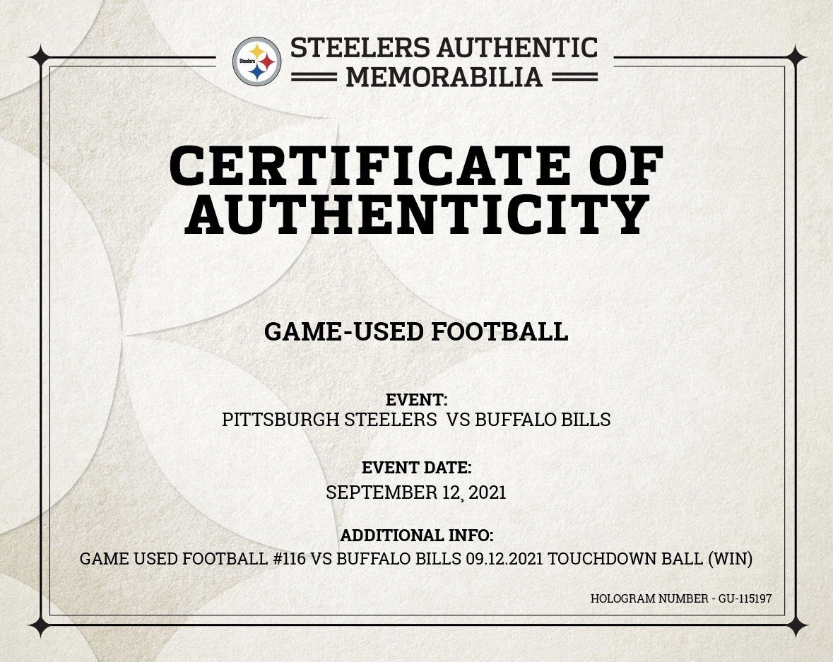 Steelers Game Used Ben Roethlisberger Touchdown TD Pass Football 9/12/21 Bills