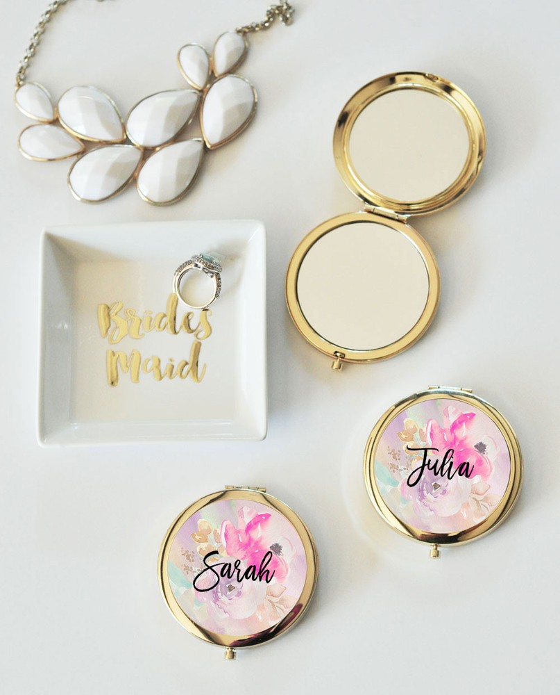 Personalized Floral Compact Mirror - Bridesmaid Gifts Includes 7 with Boxes
