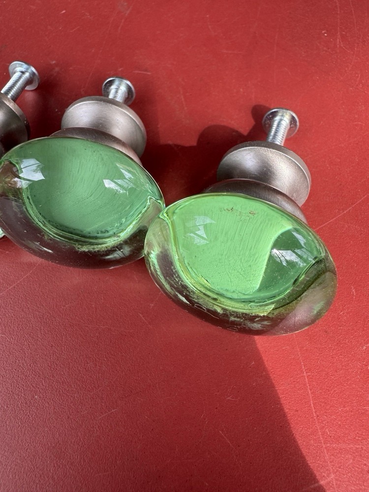 4 VINTAGE LIME GREEN And Clear GLASS DRAWER PULLS KNOBS