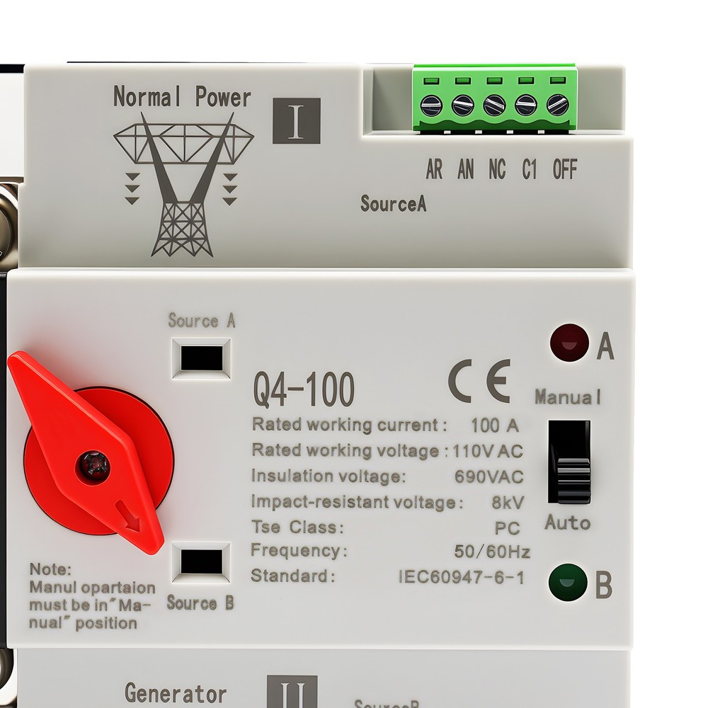 100A Automatic Transfer Switch 2P Power Generator Changeover Switch Dual Power