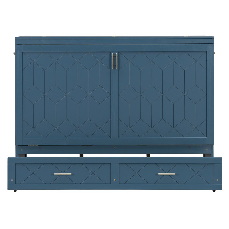 Queen Size Murphy Wall Bed Space Saving Cabinet with Drawer USB Sockets Navy Blu