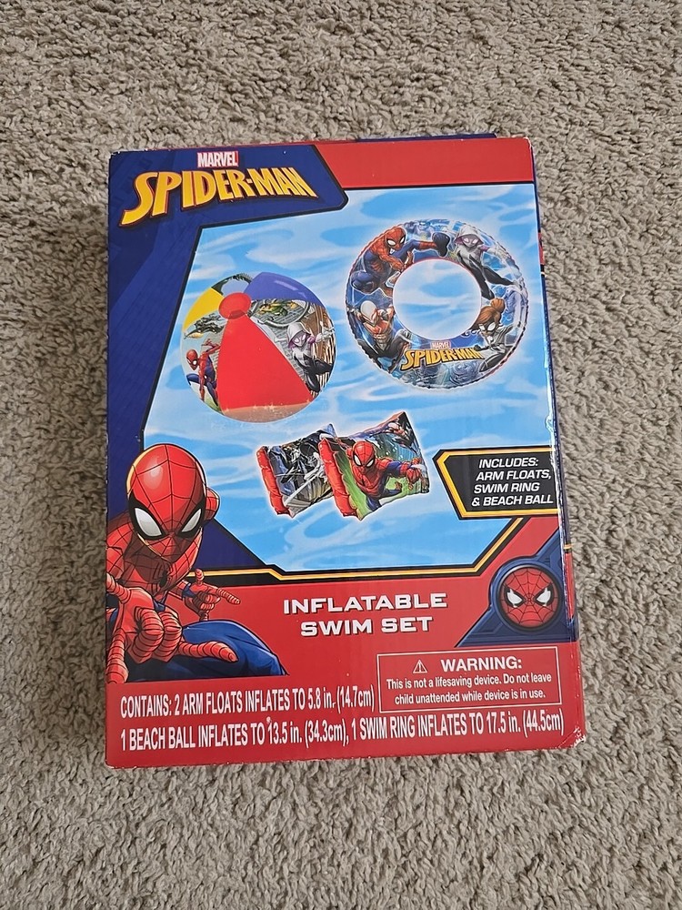 MARVEL SPIDER-MAN INFLATABLE SWIM SET WITH ARM FLOATIES, SWIM RING & BEACH BALL