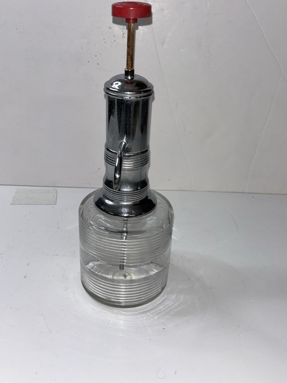 Retro Vintage MCM Liquor Dispenser Chrome & Glass Red Resin ~ Bar Decor