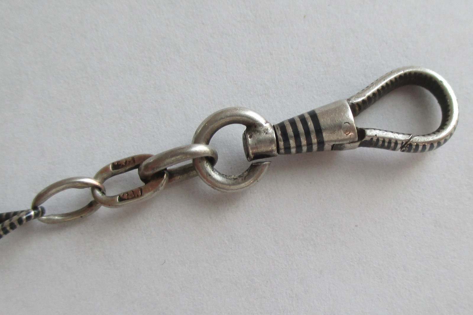 13.75in ANTIQUE 800 SILVER NIELLO WATCH CHAIN w/ DOG CLIP 7.2g
