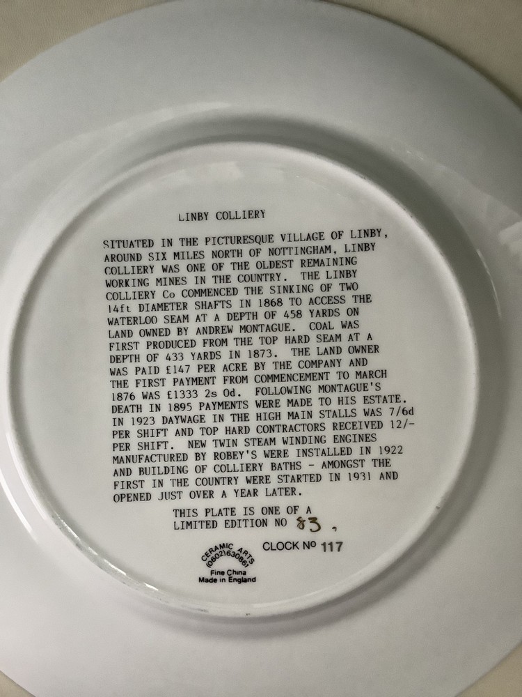 Linby Colliery Mining memorabilia Pit Plate Ltd Edition no 83 *123 Nottm
