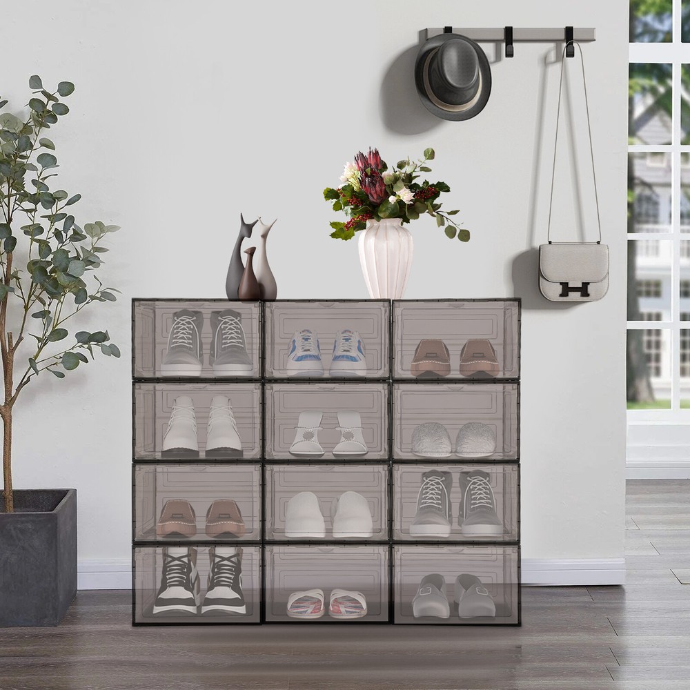 12 Pcs Shoe Storage Box Stackable Shoe Boxes Free Standing Shoe Organizer Case