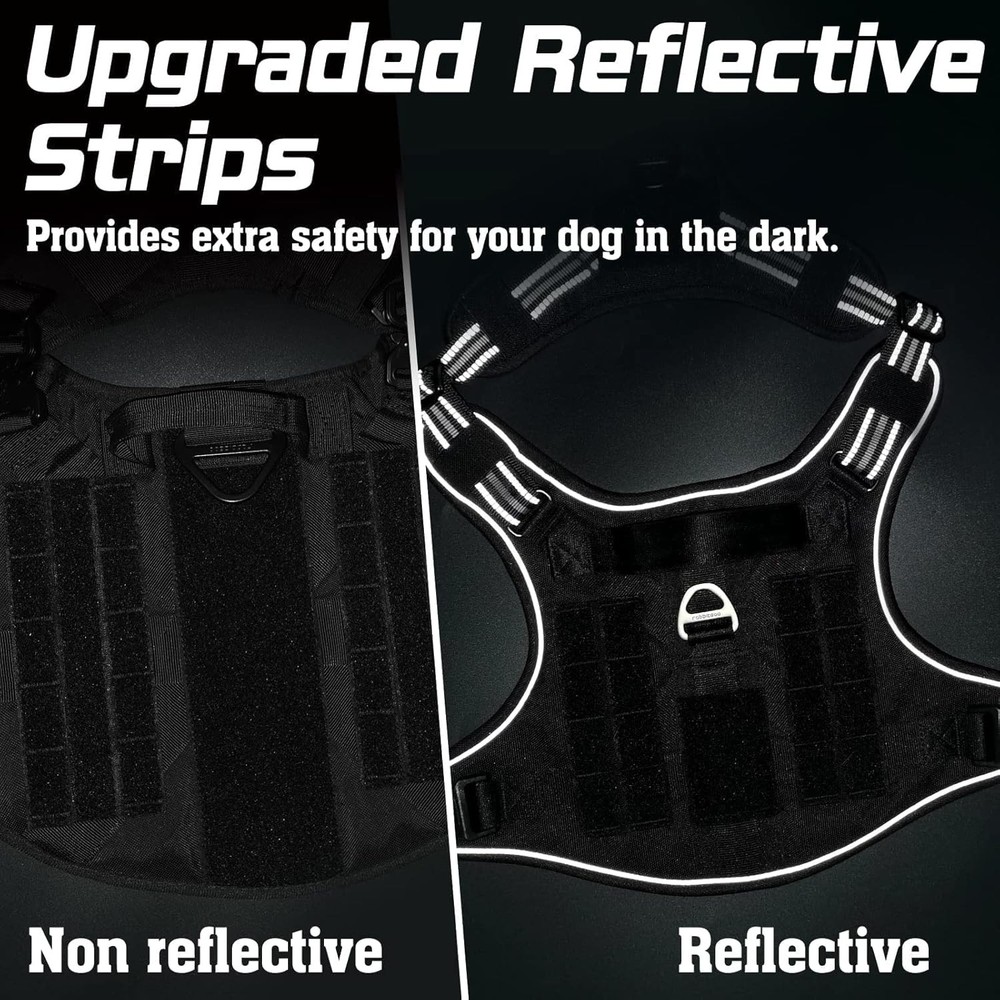 Large Breed Tactical Dog Harness, Anti-Pull Adjustable Reflective Straps, Black