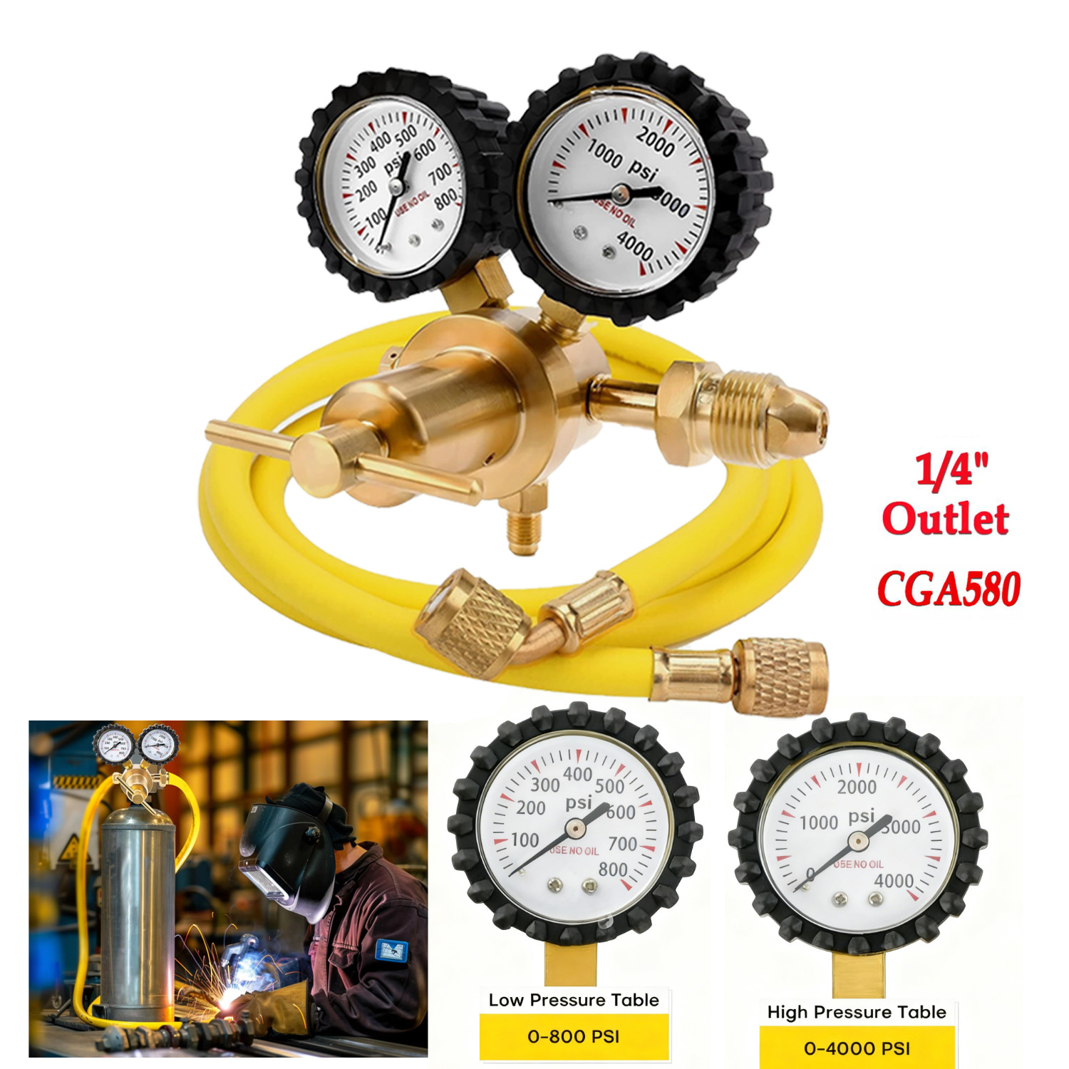 Nitrogen Gas Regulator 0-800 PSI Delivery Pressure  with 80inch Hose CGA580 New