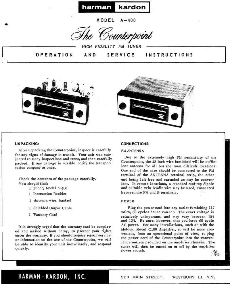 Harman Kardon A-400 Receiver Owners Manual