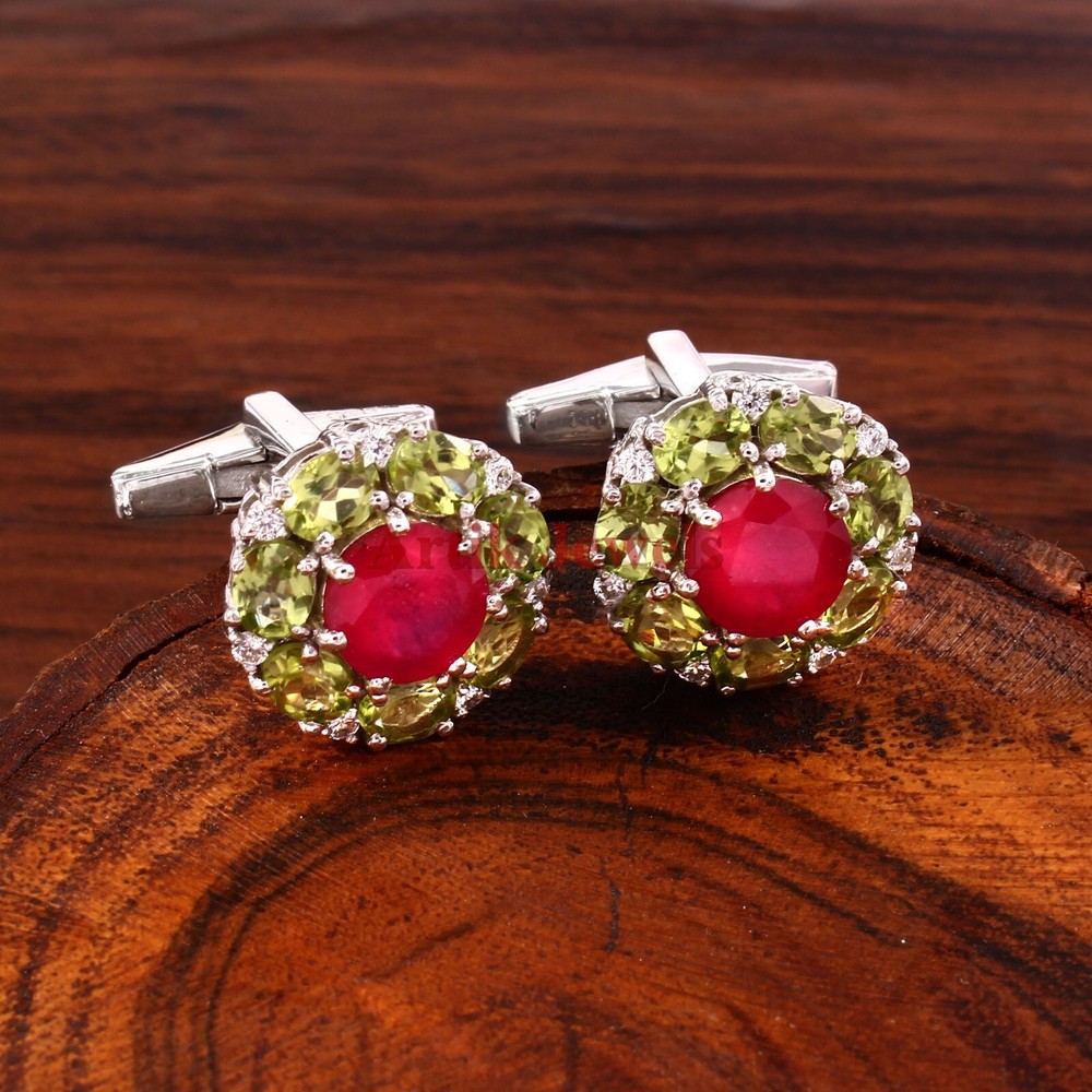 Heated Ruby & Peridot Gemstone With 925 Sterling Silver Cufflink #179