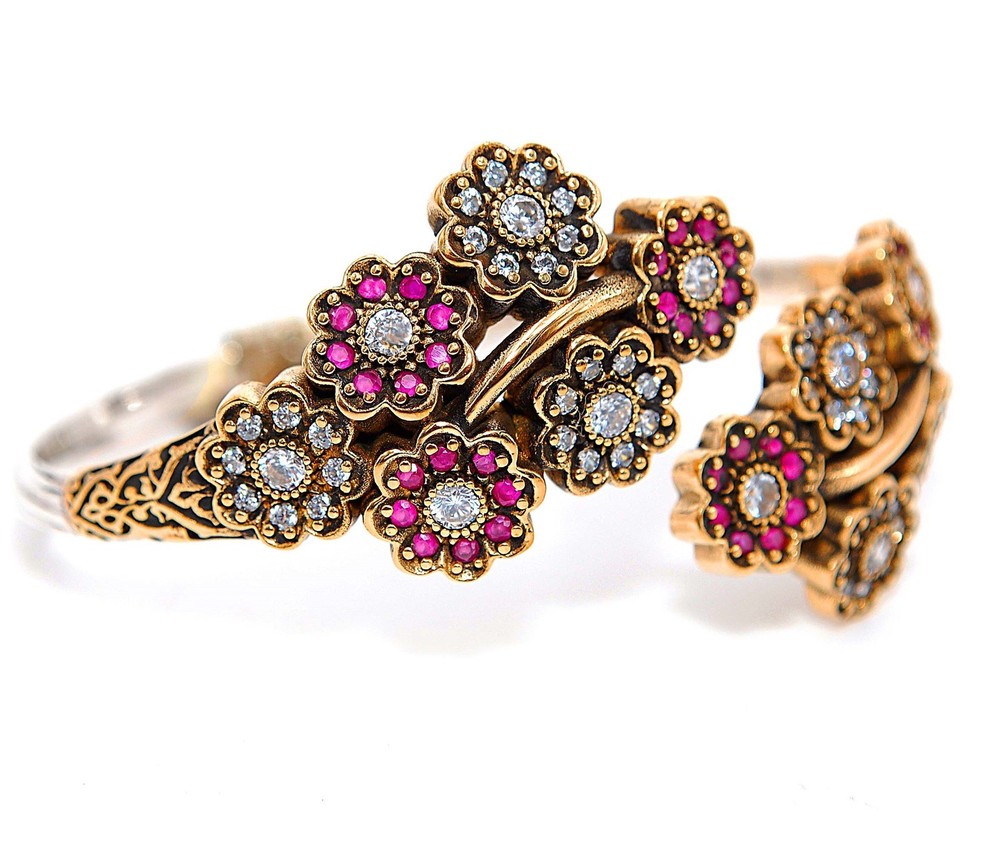 Ottoman Empire Style 6CT Treated Ruby 925 Sterling Silver Bracelet