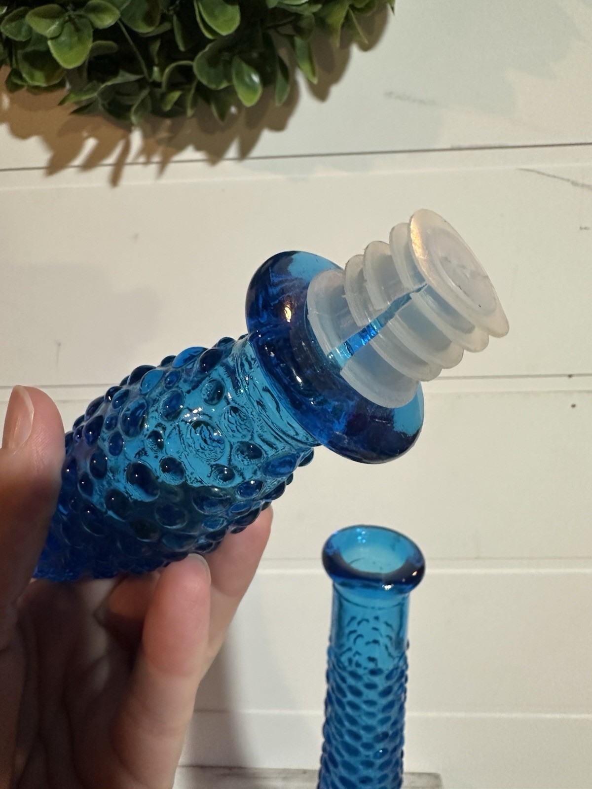 Vtg Blue Hobnail Glass Decanter Genie Bottle 22.75” W/ Stopper Empoli MCM Italy