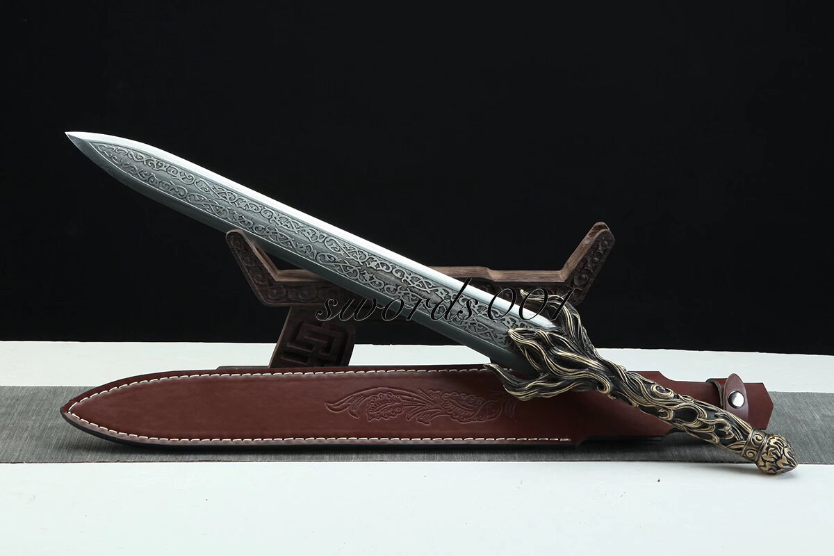 Handmade Exquisite Brass Handle Short Sword Damascus Steel Blade Leather Sheath