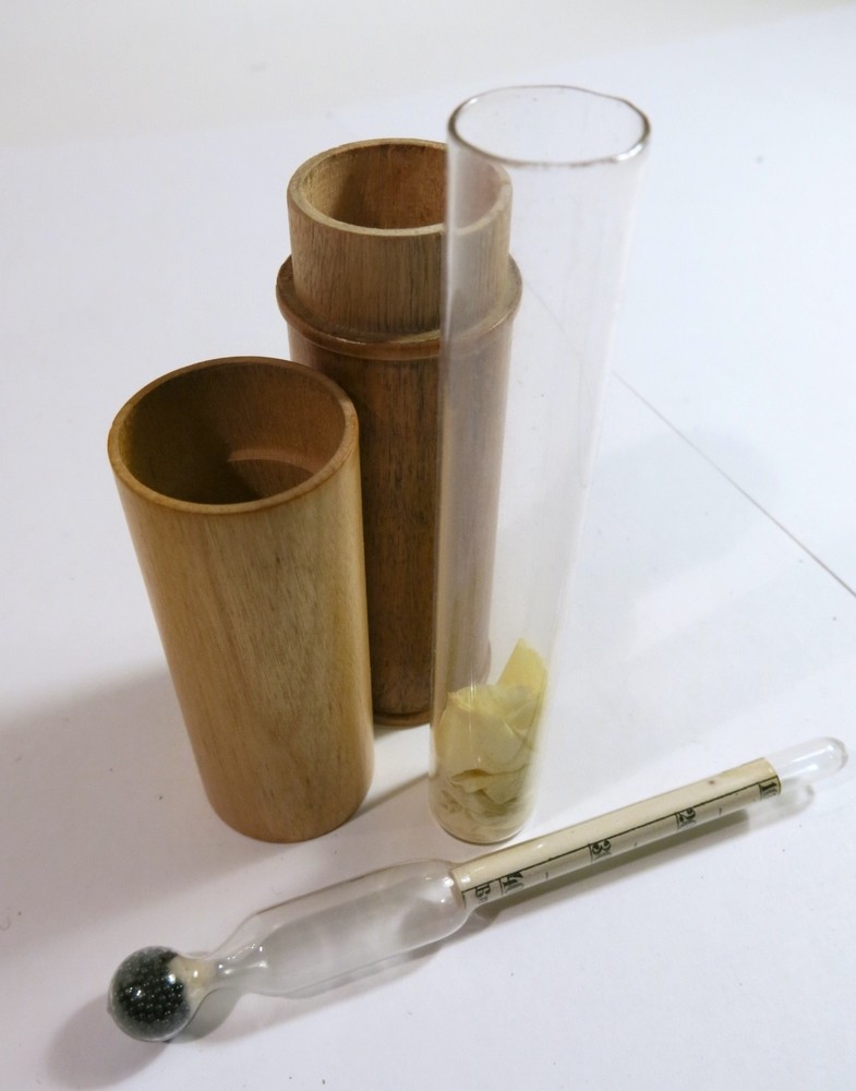Antique Hydrometer in Turned Solid Maple Two-Part Storage Tube — Refinished
