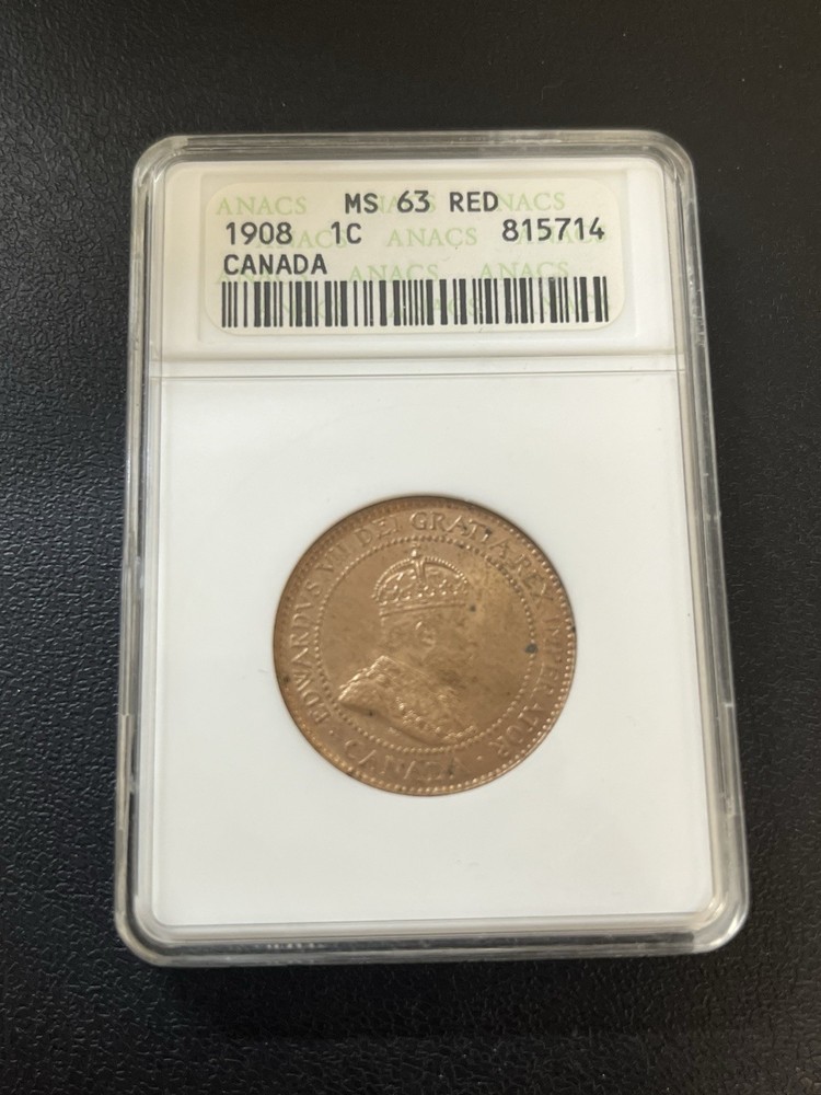 1908 Canada Cent ANACS MS63 RD - UNCIRCULATED - NICE COLOR - CERTIFIED SLAB - 1C