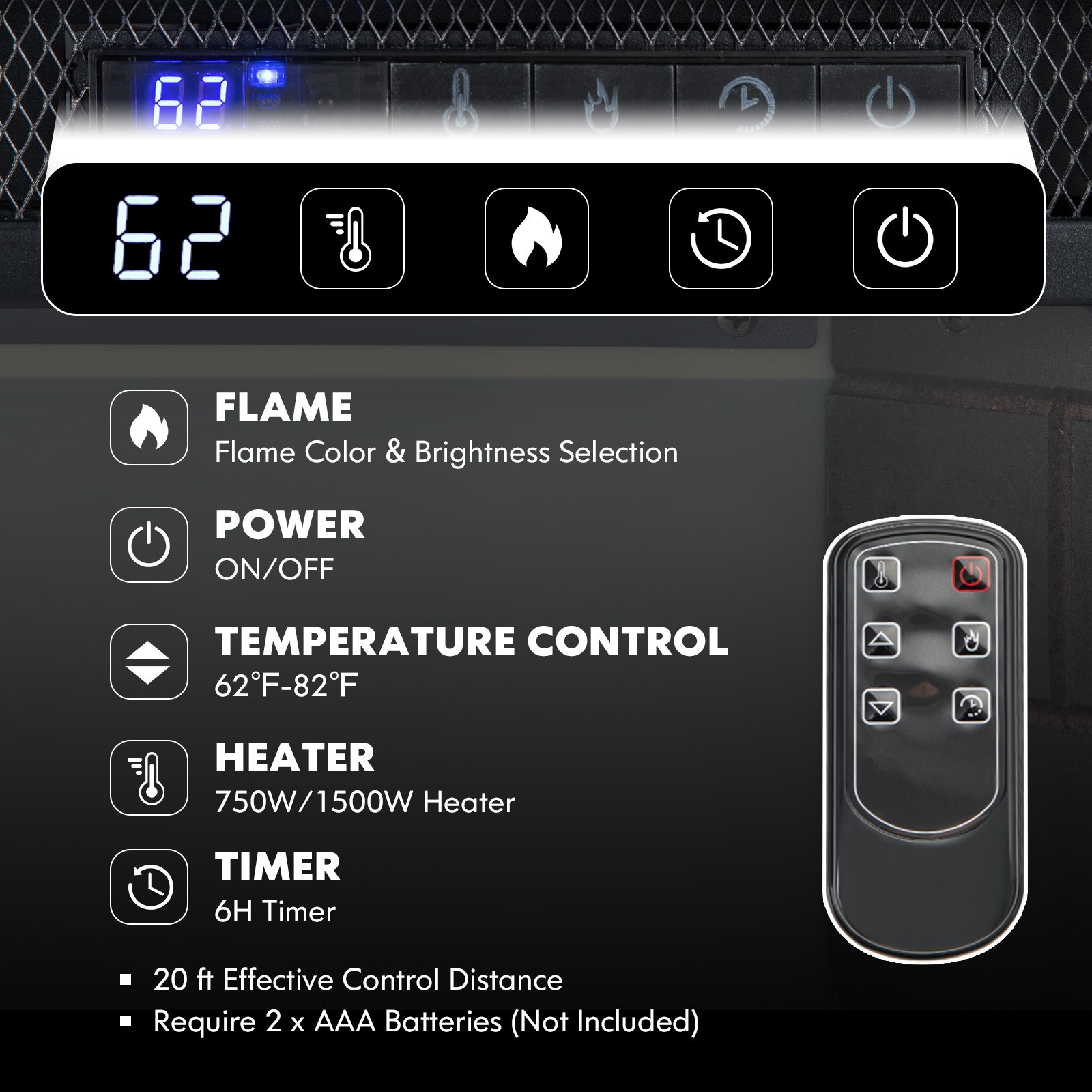 Costway 26" Recessed Electric Fireplace heater W/ Remote Control 750W/1500W