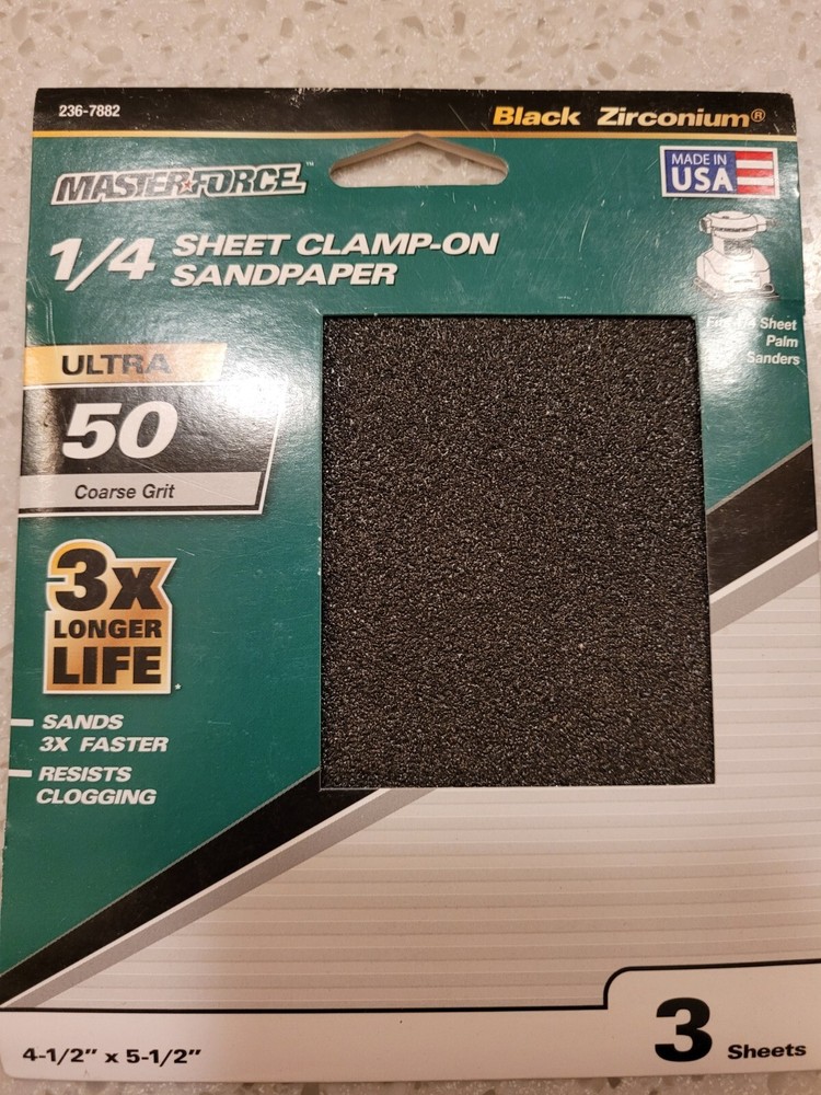 MASTERFORCE 1/4 SHEET CLAMP ON SANDPAPER 50 GRIT  3 SHEETS