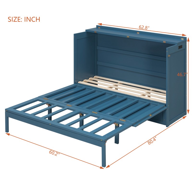 Queen Size Murphy Wall Bed Space Saving Cabinet with Drawer USB Sockets Navy Blu