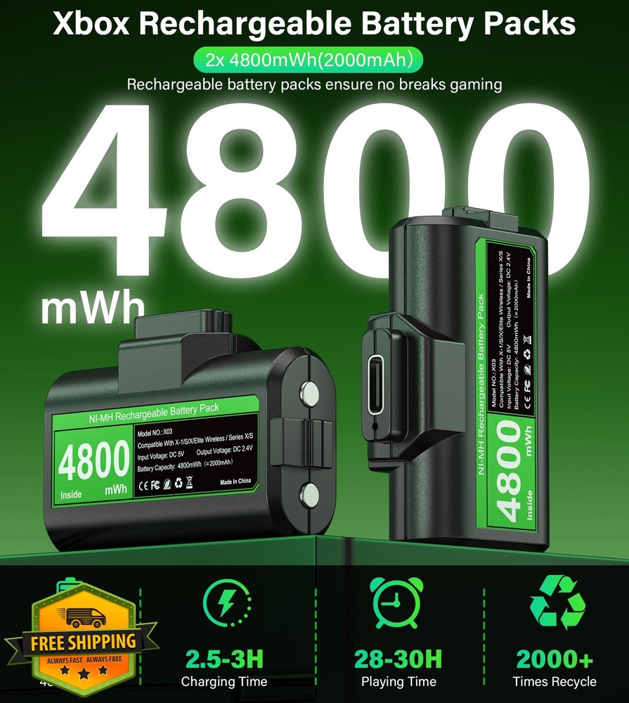 Rechargeable Controller Battery Pack Xbox 2x 4800mAh USB-C 4 Covers 2 Pack