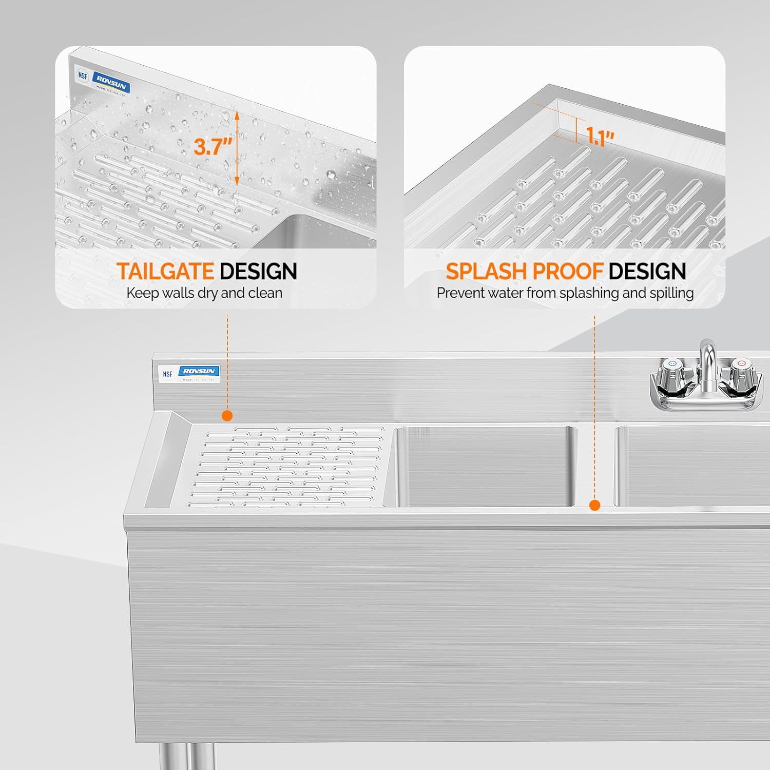 3 Compartment Commercial Sink with Double Drainboard 60"L x 18.4"W x 33"H Silver