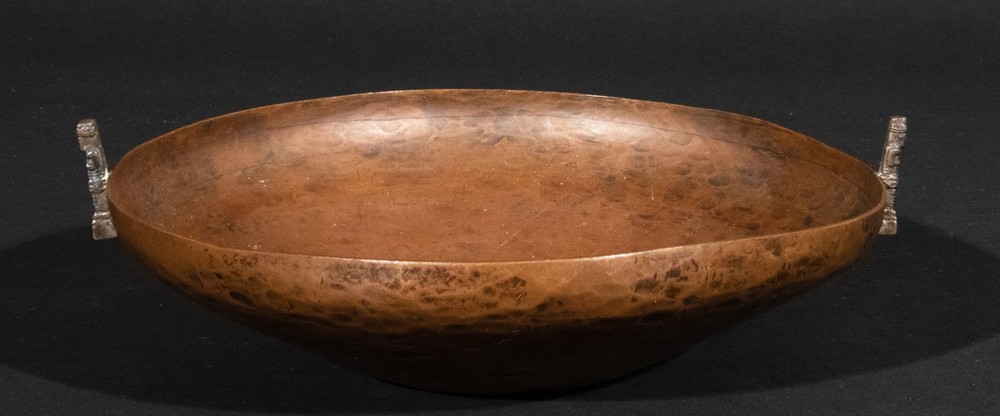 Hand-hammered Hand-shaped Copper Bowl With Silver Icon Handles 9 inches