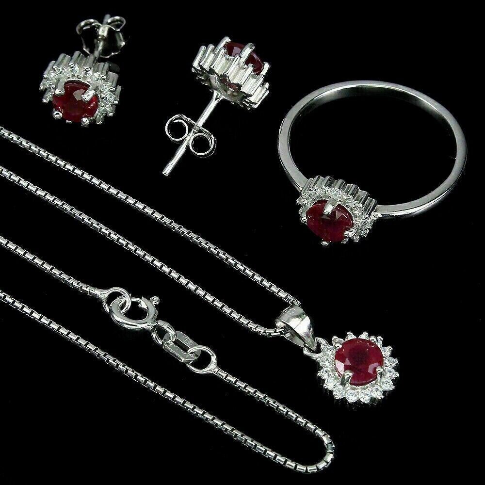 Silver Ruby Pendant Earring Ring Genuine Natural Gems Solid Sterling N 1/2 US 7