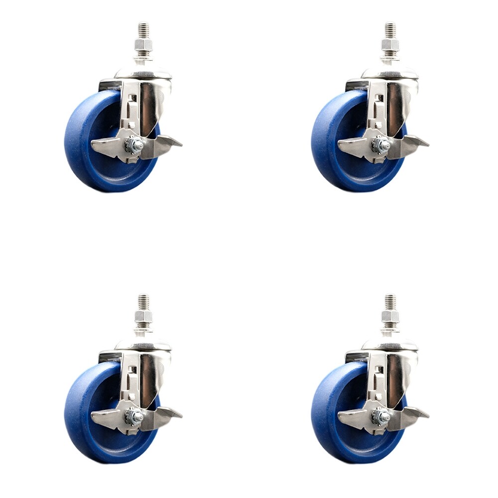 4 Inch 316SS Solid Polyurethane Swivel 3/8 Inch Threaded Stem Caster Set Brake