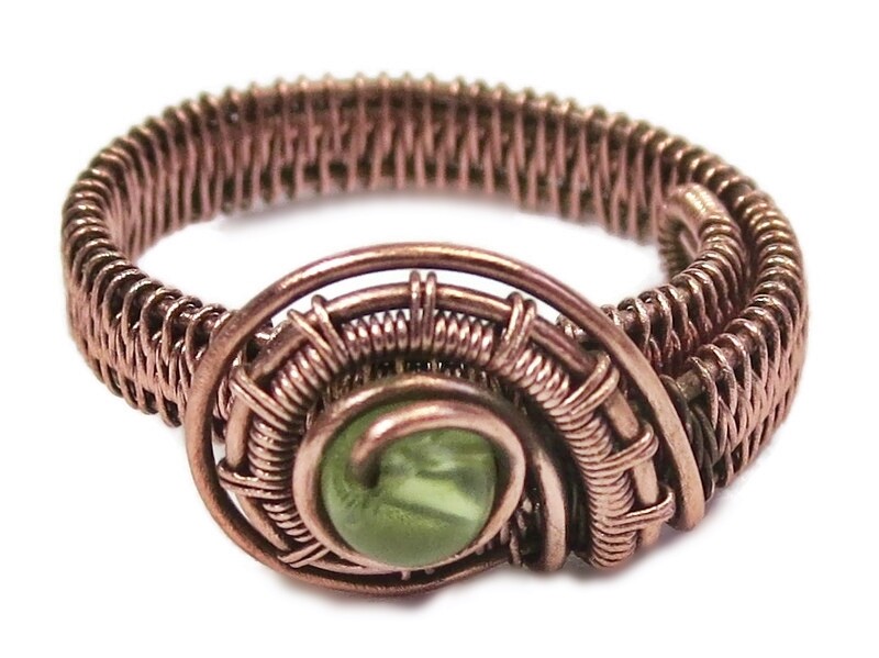 Peridot Adjustable Ring, Woven in Copper Wire