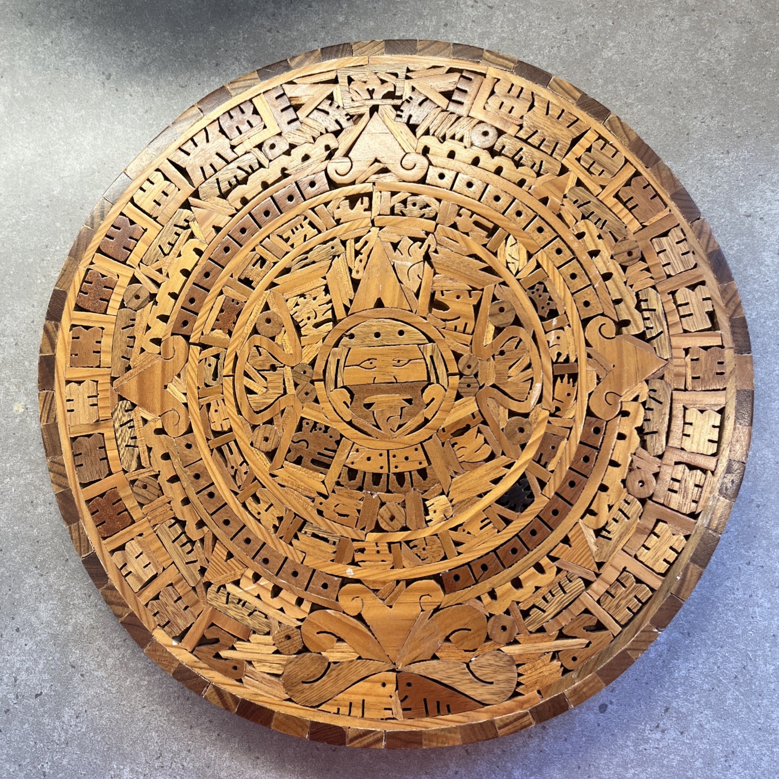 Vintage Aztec Mayan Calendar Mexico Inlaid Wall Hanging 13” Solid Wood