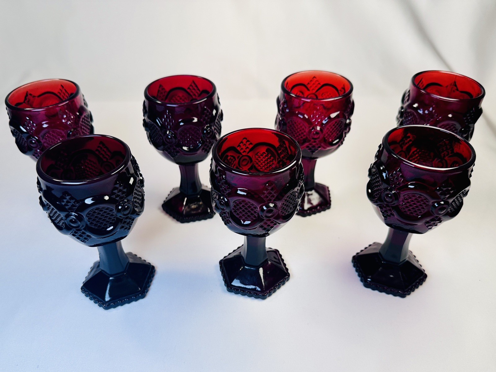 Set of 7 Avon Cape Cod Ruby Red Glass Goblets 4.5" Vintage Pressed Glass