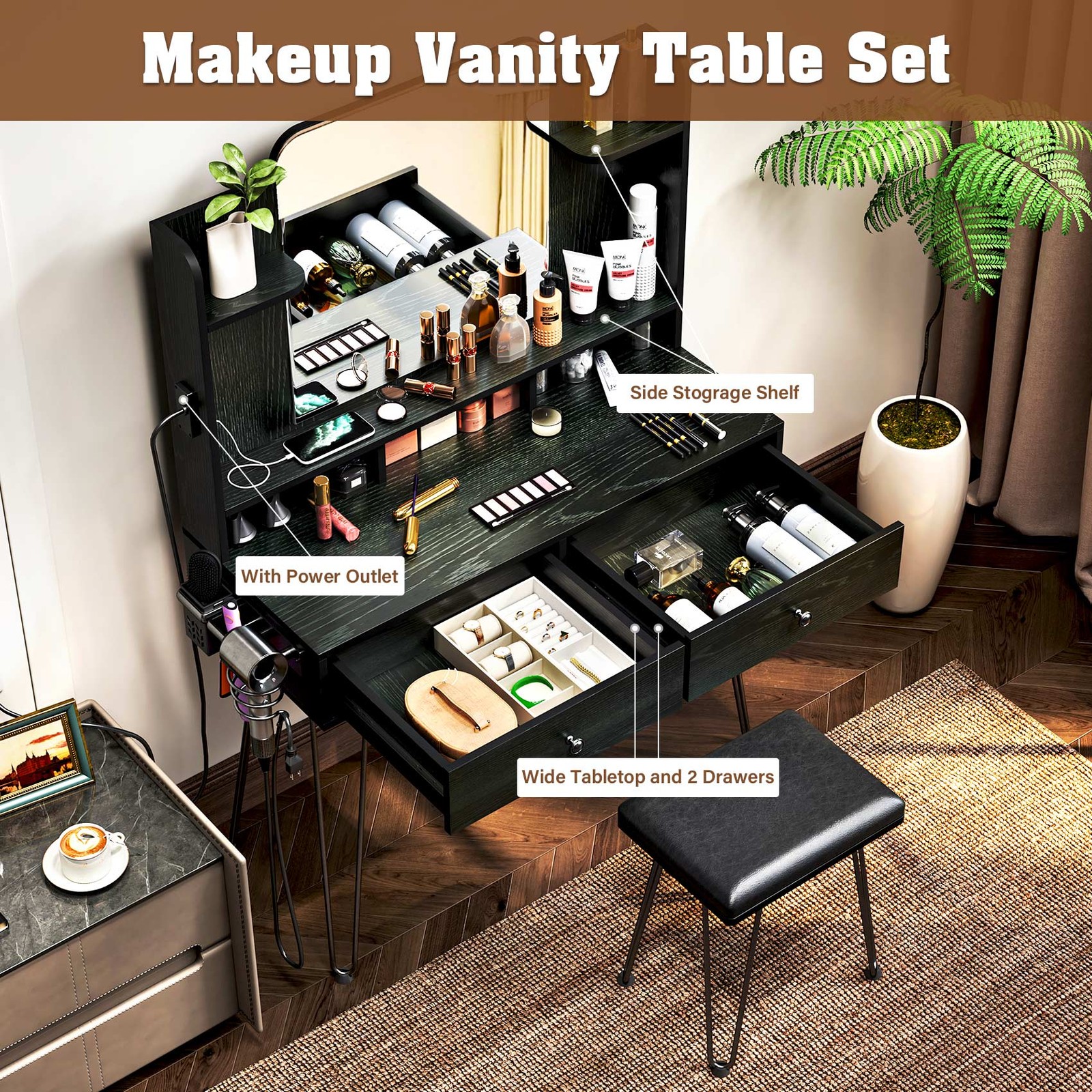 Makeup Vanity Table Set with Charging Station + vanity Stool Dressing Table Desk