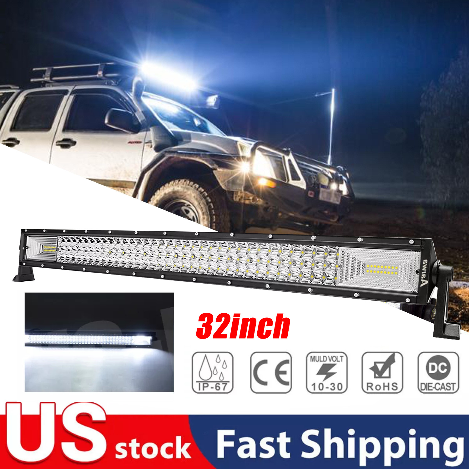32 Inch LED LIGHT BAR Tri Row Spot Flood Combo Truck Offroad 4WD ATV SUV Light