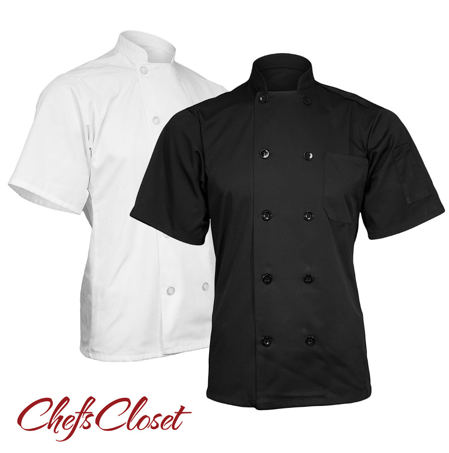 ChefsCloset Short Sleeve 10 Button Chef Coat - Black & White