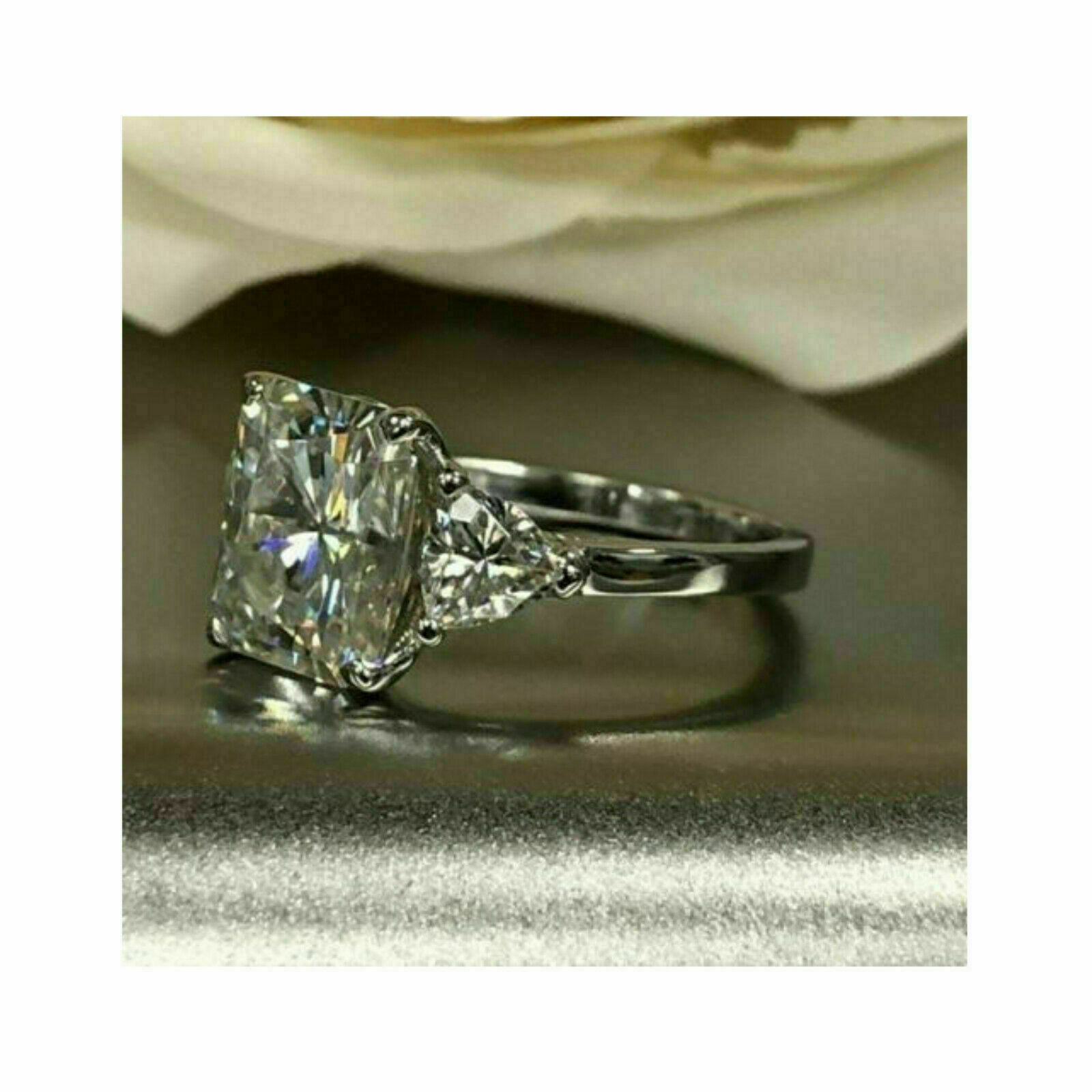 Engagement Ring 14k White Gold 4.Ct White Radiant & Trillion Diamond Simulated