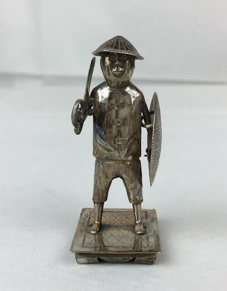 Antique Solid Silver Chinese Export Soldier Sword & Shield Signed N.M Figure