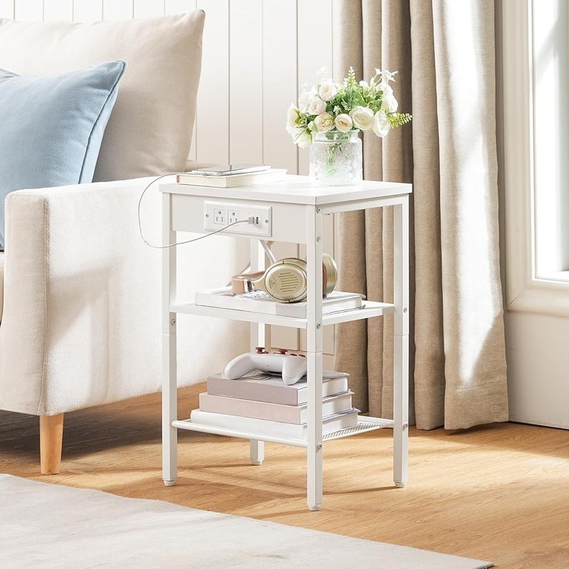 Multifunctional Side Table W/ Outlets USB Charging Adjustable Shelves Storage