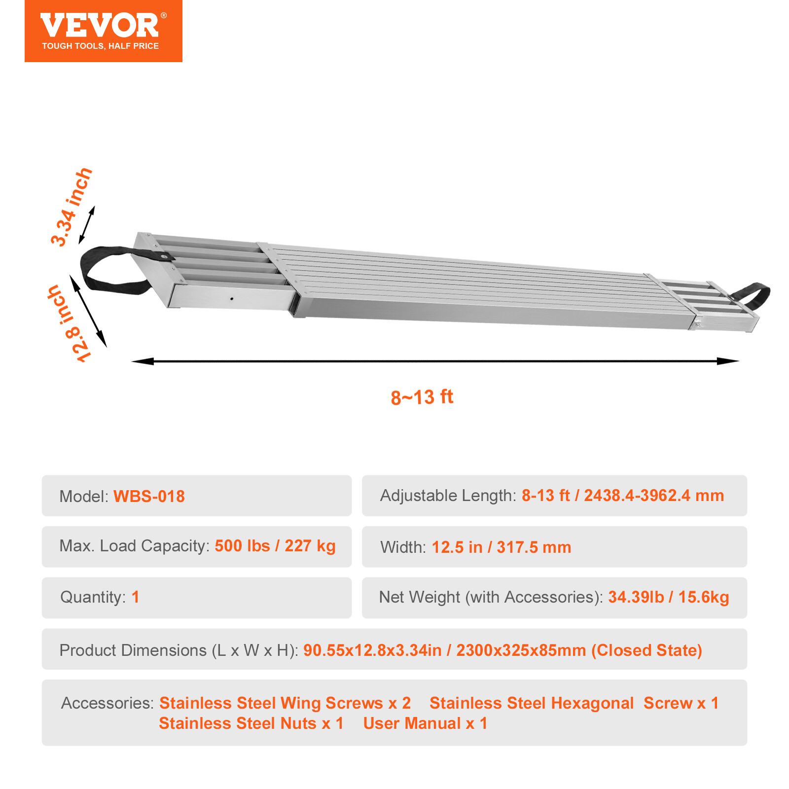 VEVOR Aluminum Work Plank Telescoping 8-13 ft 500 lb Capacity Scaffold Plank