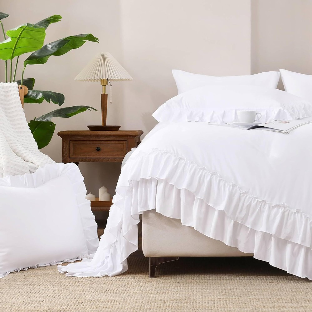 White Ruffle Comforter Full Set, 3 Piece Simple Bedding Comforter Set