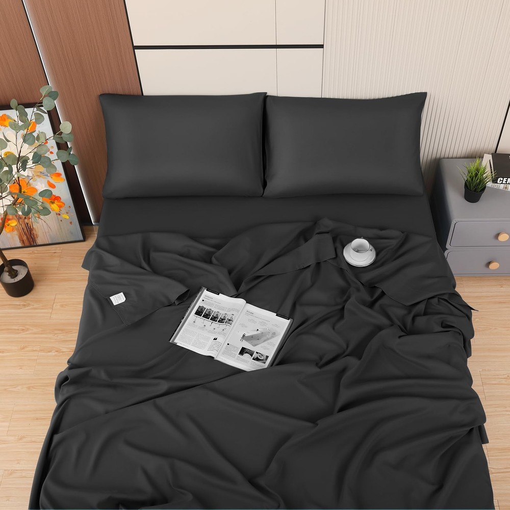 Soft Brushed Microfiber Black Twin Size Fitted Sheet-Comfortable and Durable ...