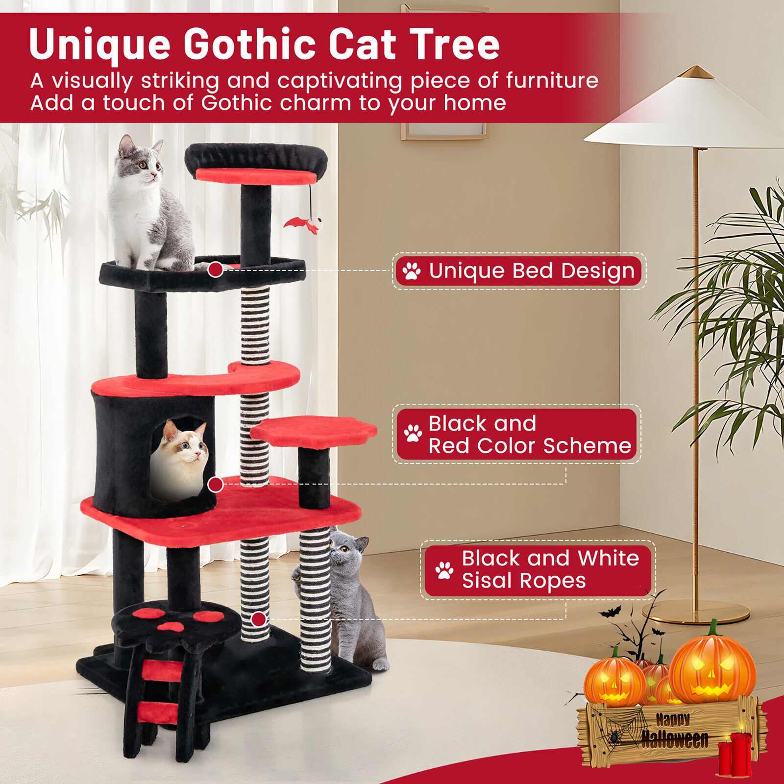 Gothic Cat Tree 52'' Tall Cat Tower w/ Cat Bed Cat Condo Sisal Scratching Post