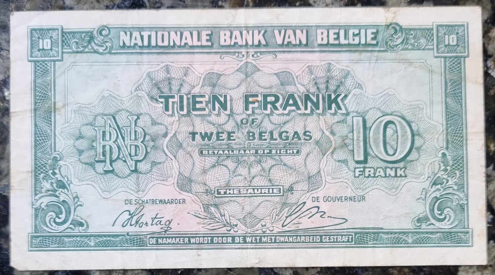 1943 Belgium 10 Franc Note Circulated