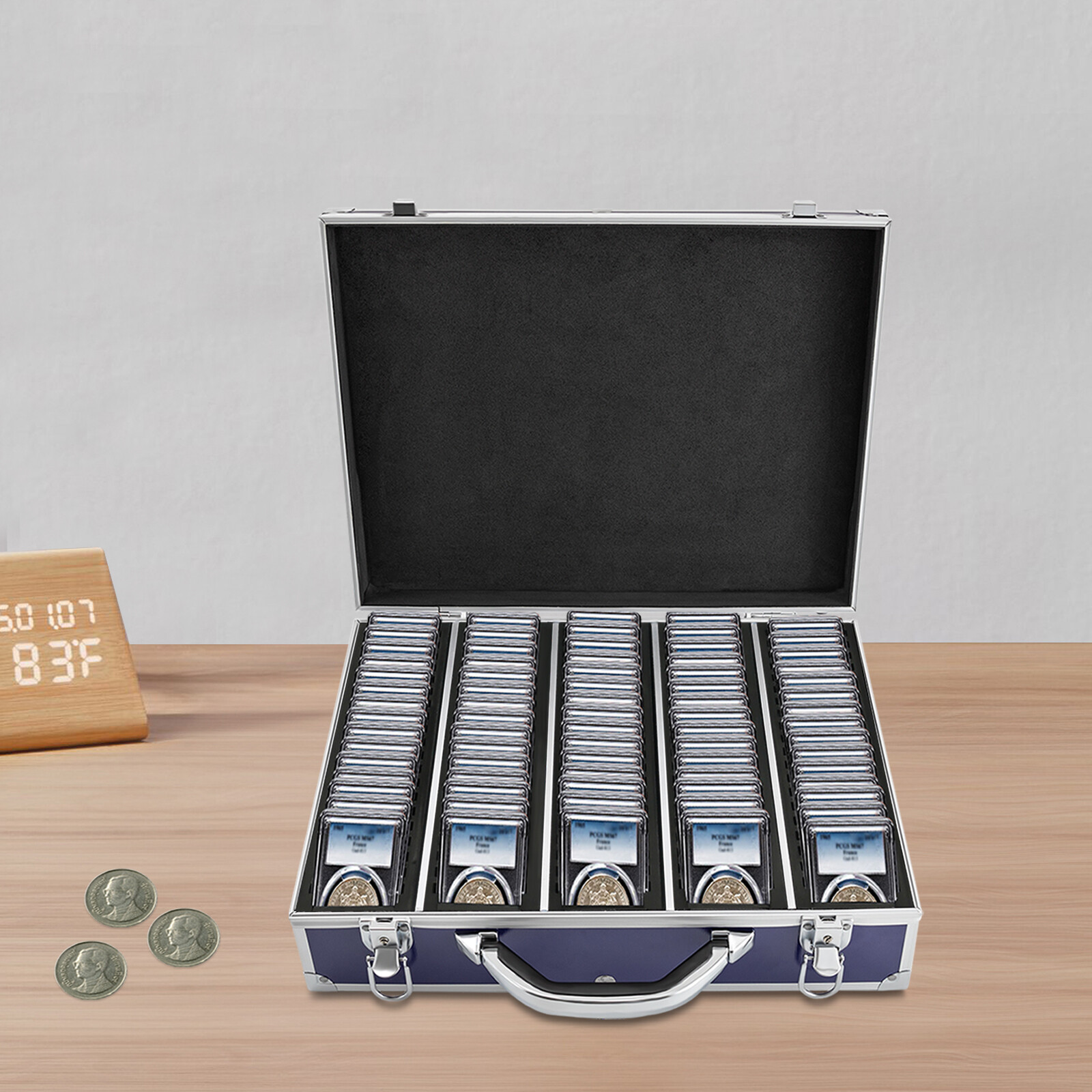100 Graded Certified Coin Slab Aluminum Blue Storage Travel Box Protector Case