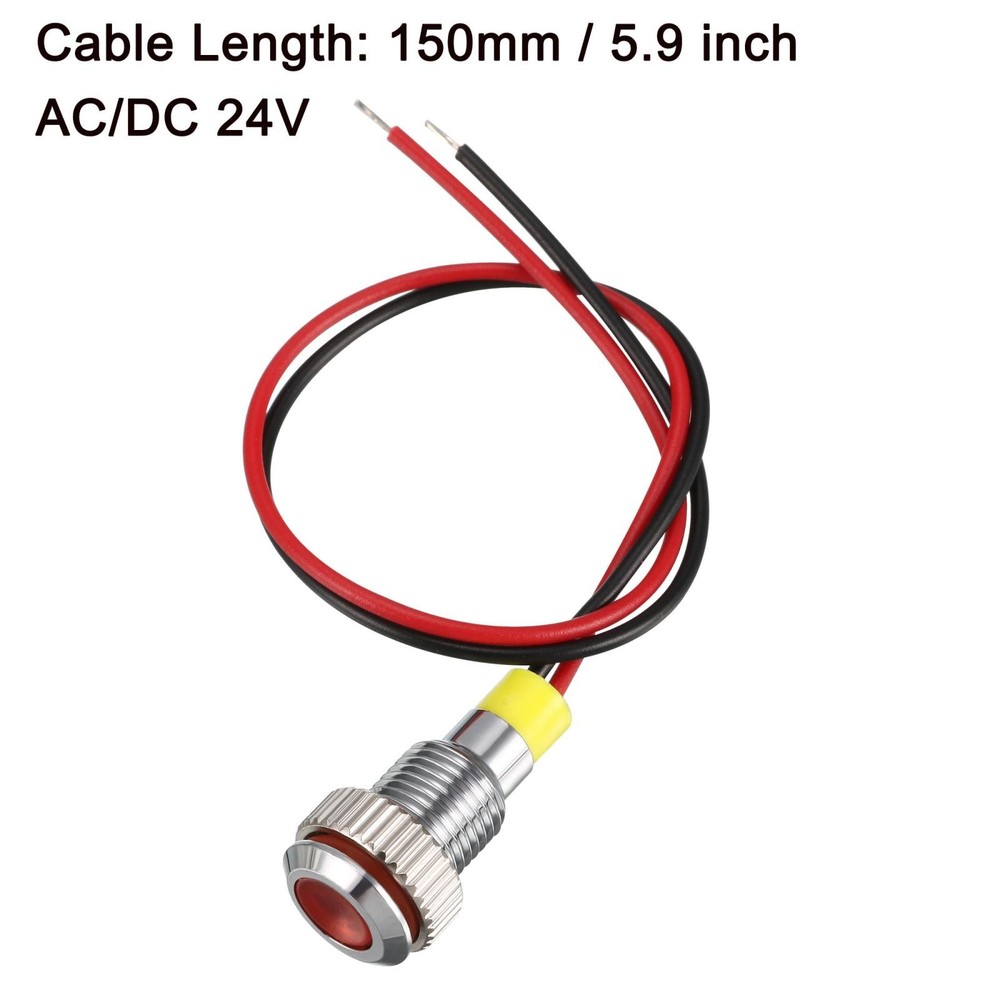 LED Indicator Light AC/DC 24V 8mm Flush Panel Mount Red LED Metal Shell