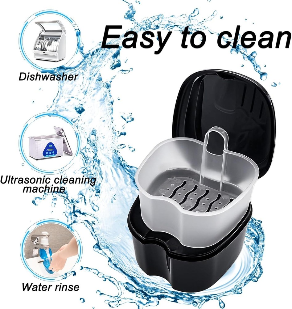 Black Denture Soaking Container Partial Denture Case, Orthodontic Retainer Cl...