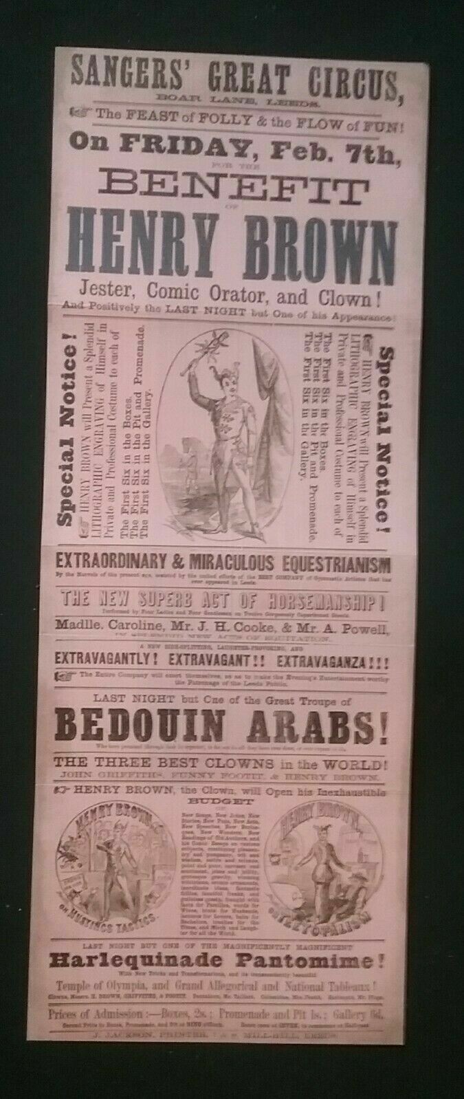 VICTORIAN POSTER , SANGERS GREAT CIRCUS, BOAR LANE , LEEDS , *Reproduction*