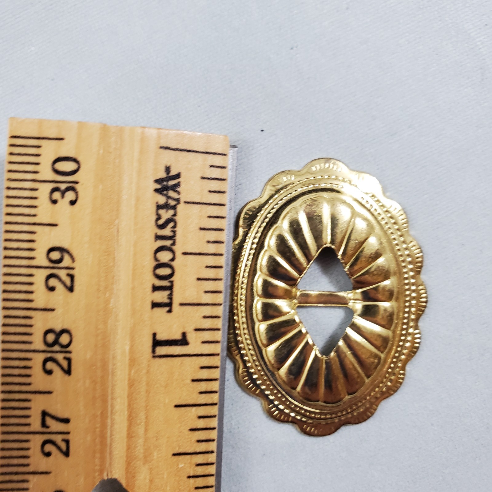 Lot of 34 Slotted Oval Conchos Brass Tone Scalloped Different Sizes Crafts Vtg